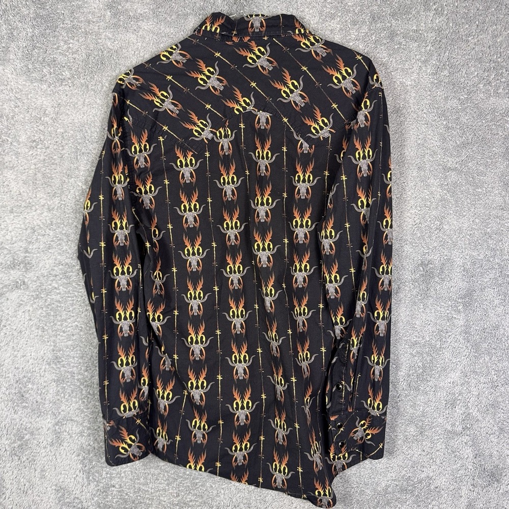 Rock & Roll Denim Shirt Mens M Aztec Western Pearl Snap Barbed Wire Steer Flames - Picture 9 of 13